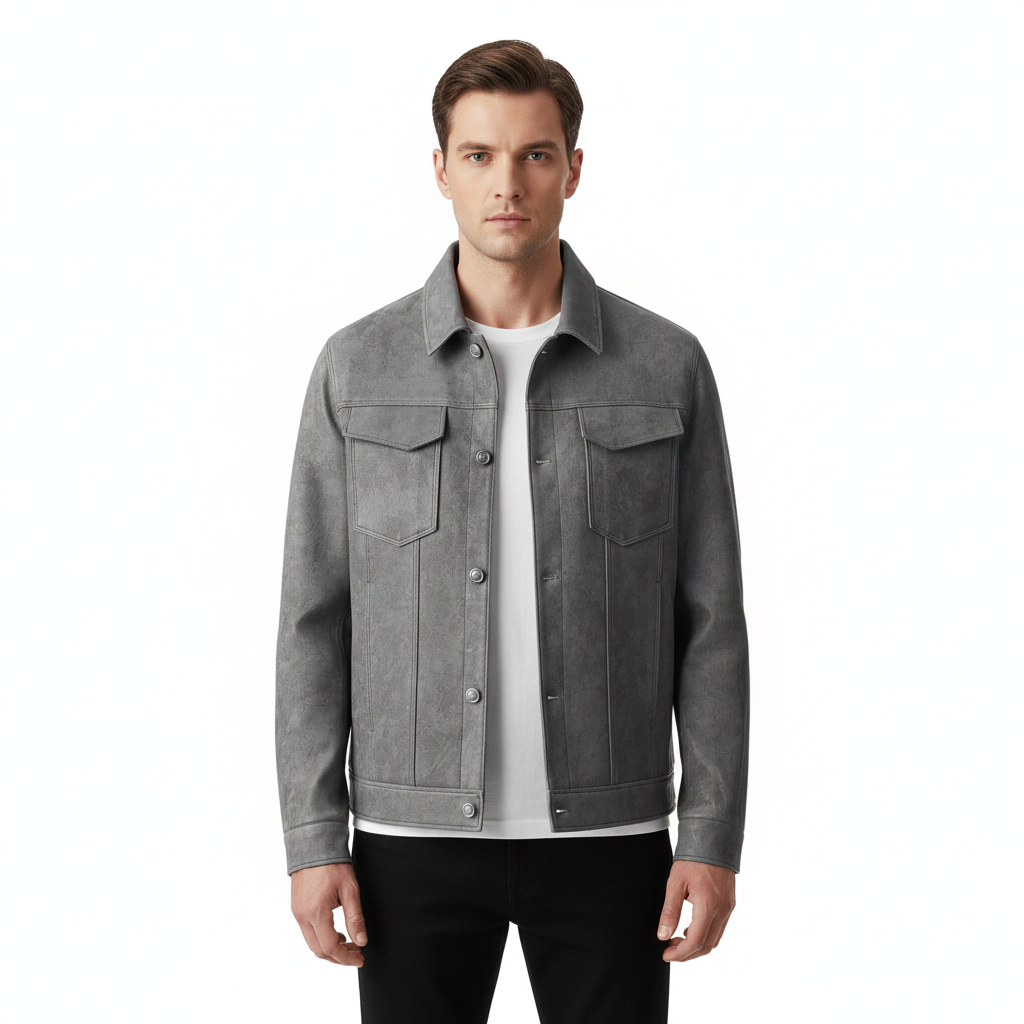 Men's Suede Jacket with Button-Front Closure and Refined Collar
