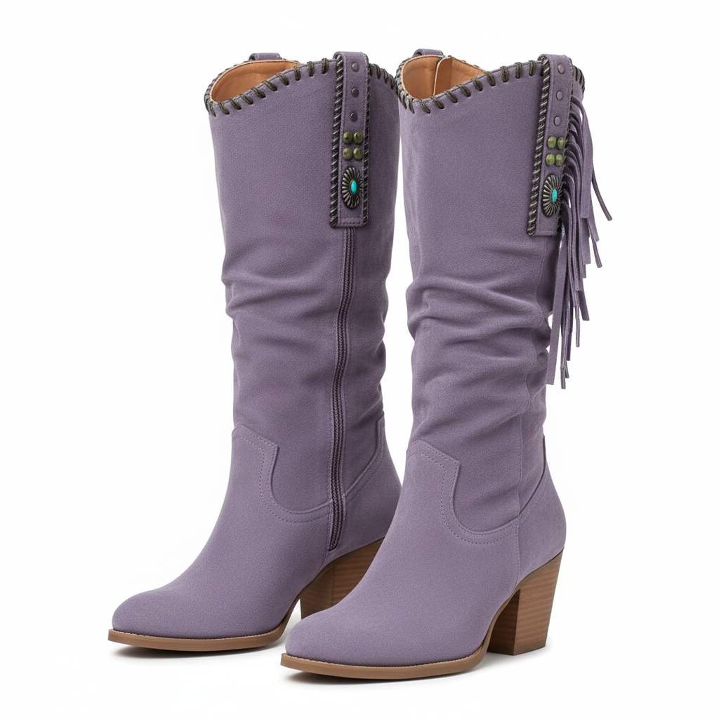 Women's Leather Cowboy Boots with Fringe and Thick Heel