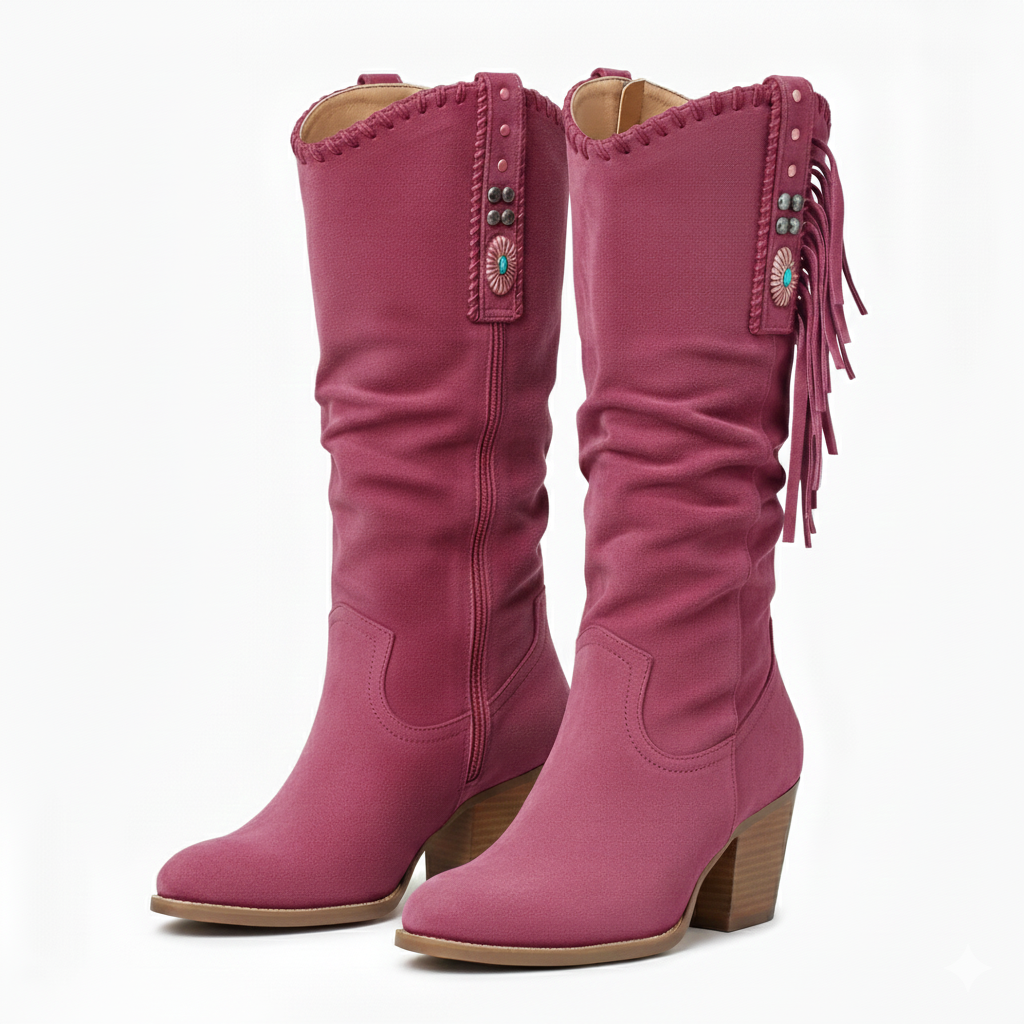 Women's Leather Cowboy Boots with Fringe and Thick Heel