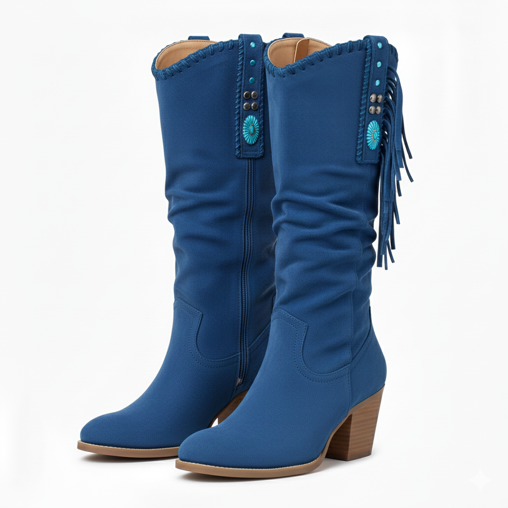 Women's Leather Cowboy Boots with Fringe and Thick Heel