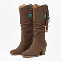 Women's Leather Cowboy Boots with Fringe and Thick Heel