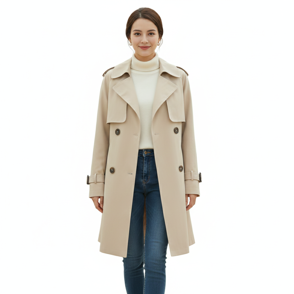 Women's Trench Coat with Casual Style and Long Sleeves