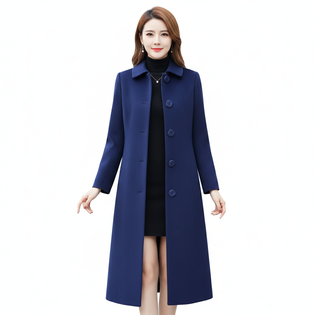 Women's Long Coat with Elegant Collar and Button-Front Closure
