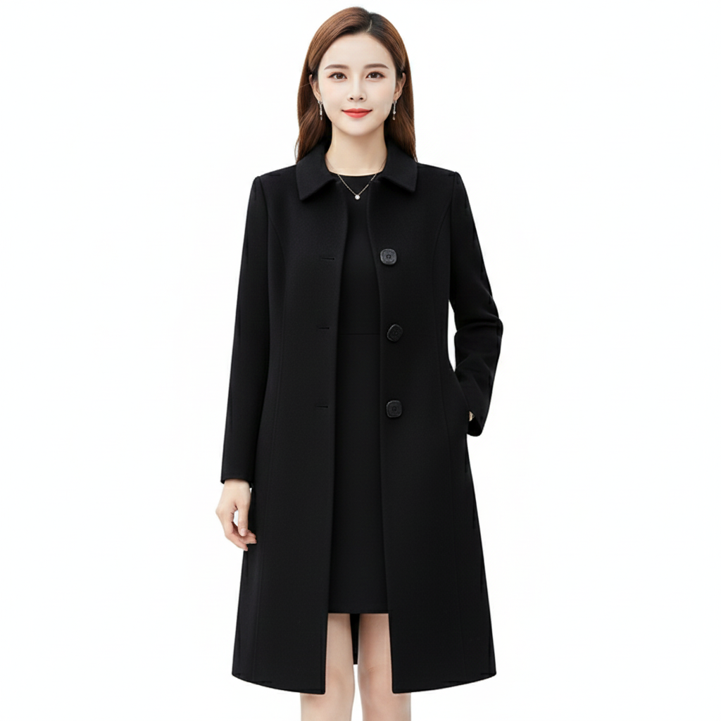 Women's Long Coat with Elegant Collar and Button-Front Closure
