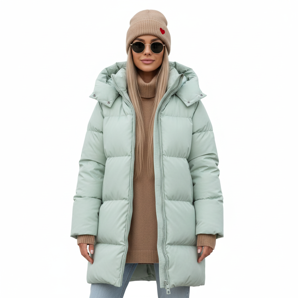 Women's Winter Coat with Integrated Hood and Zip Closure