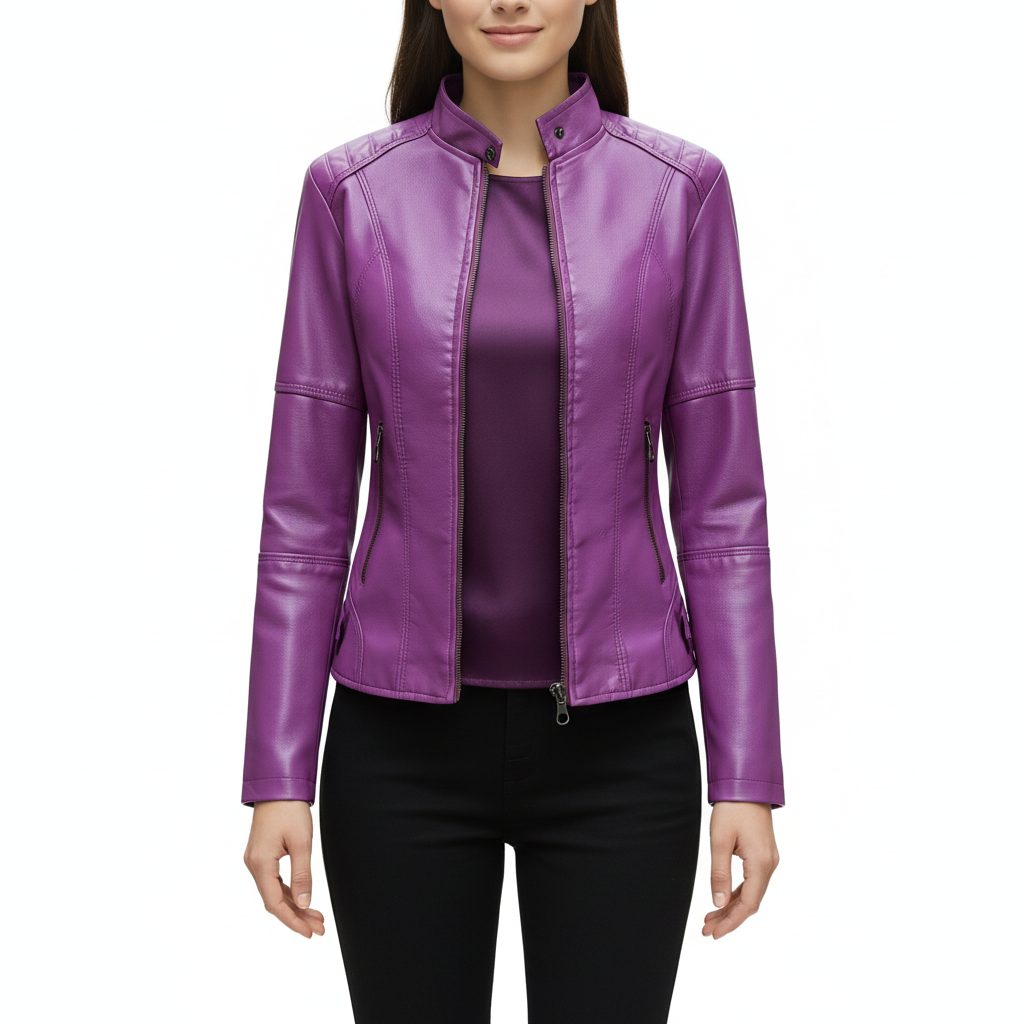 Women's Leather Jacket with Regular Fit and Zip Closure