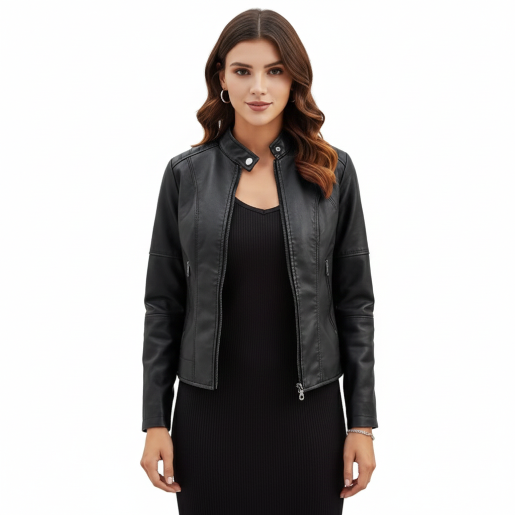 Women's Leather Jacket with Regular Fit and Zip Closure