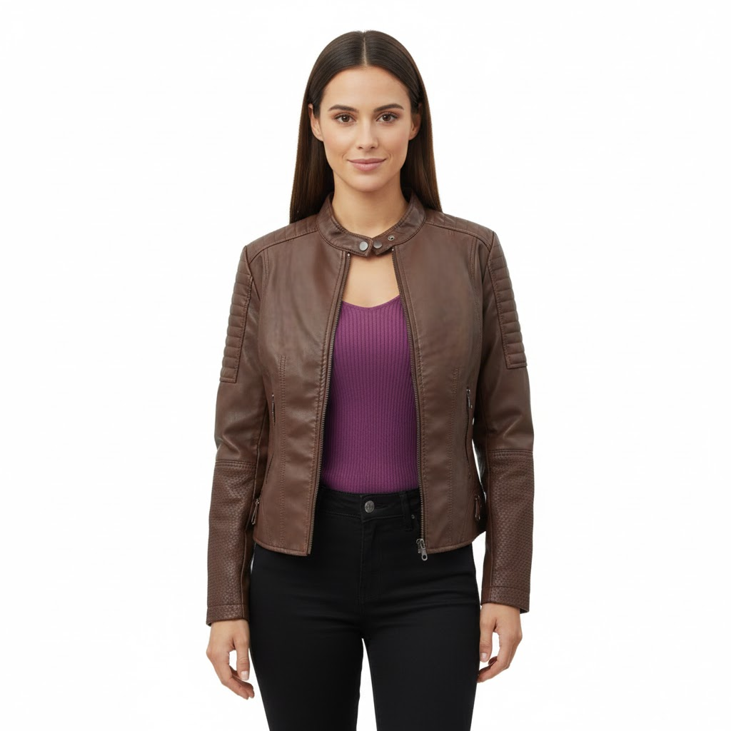 Women's Leather Jacket with Regular Fit and Zip Closure