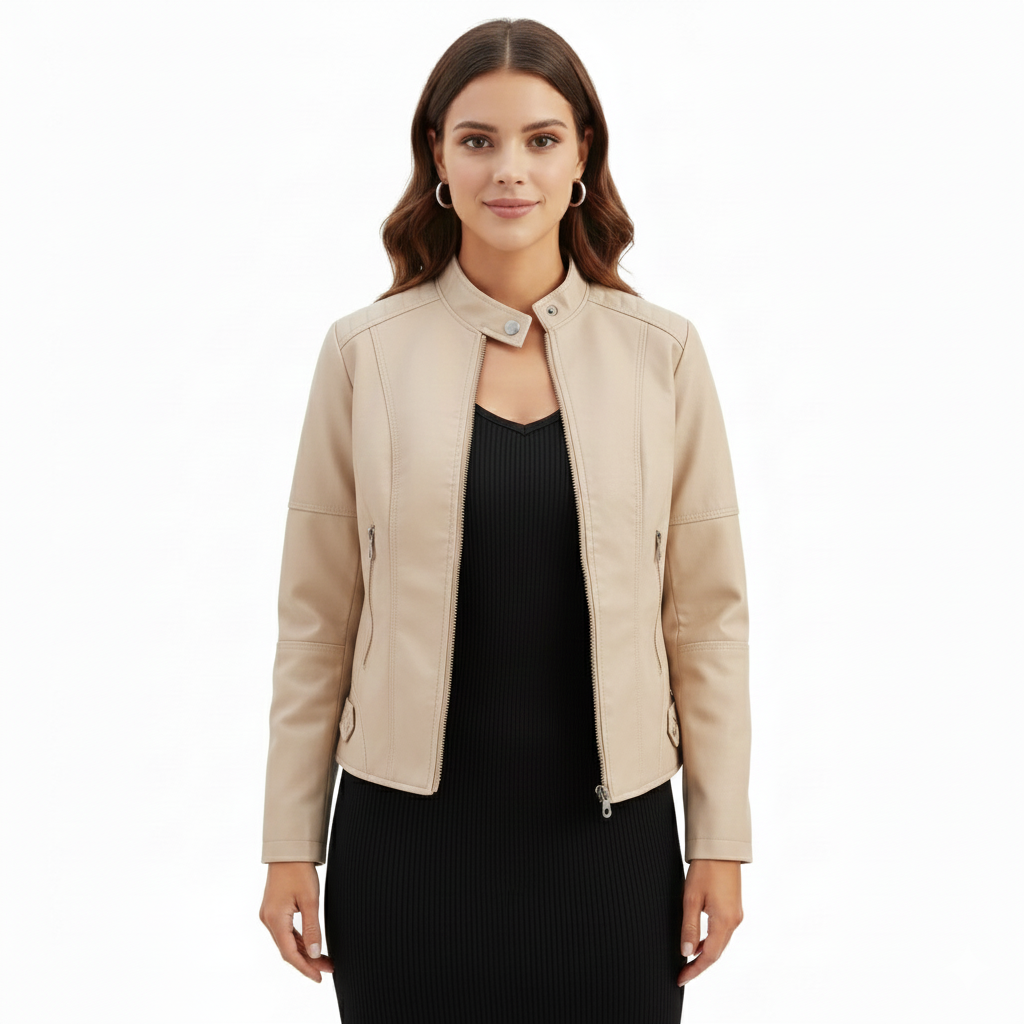 Women's Leather Jacket with Regular Fit and Zip Closure