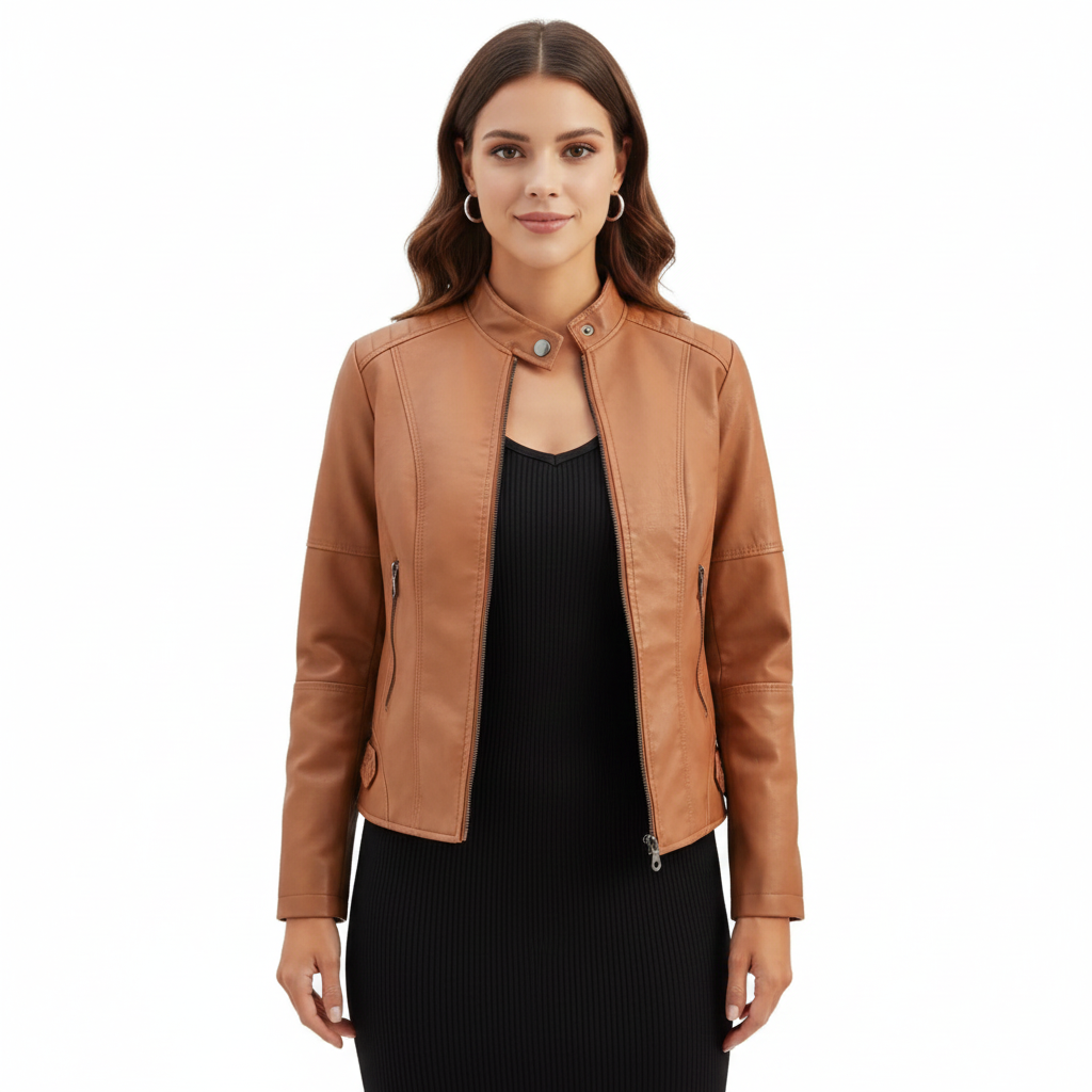 Women's Leather Jacket with Regular Fit and Zip Closure