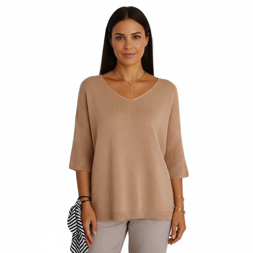 Women's Sweater with V-Neckline and Thin Knit