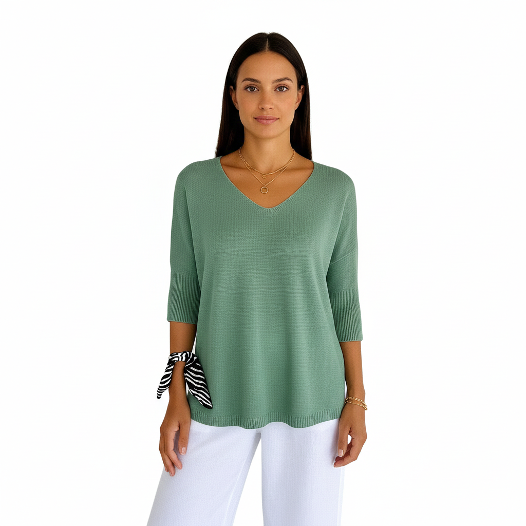 Women's Sweater with V-Neckline and Thin Knit