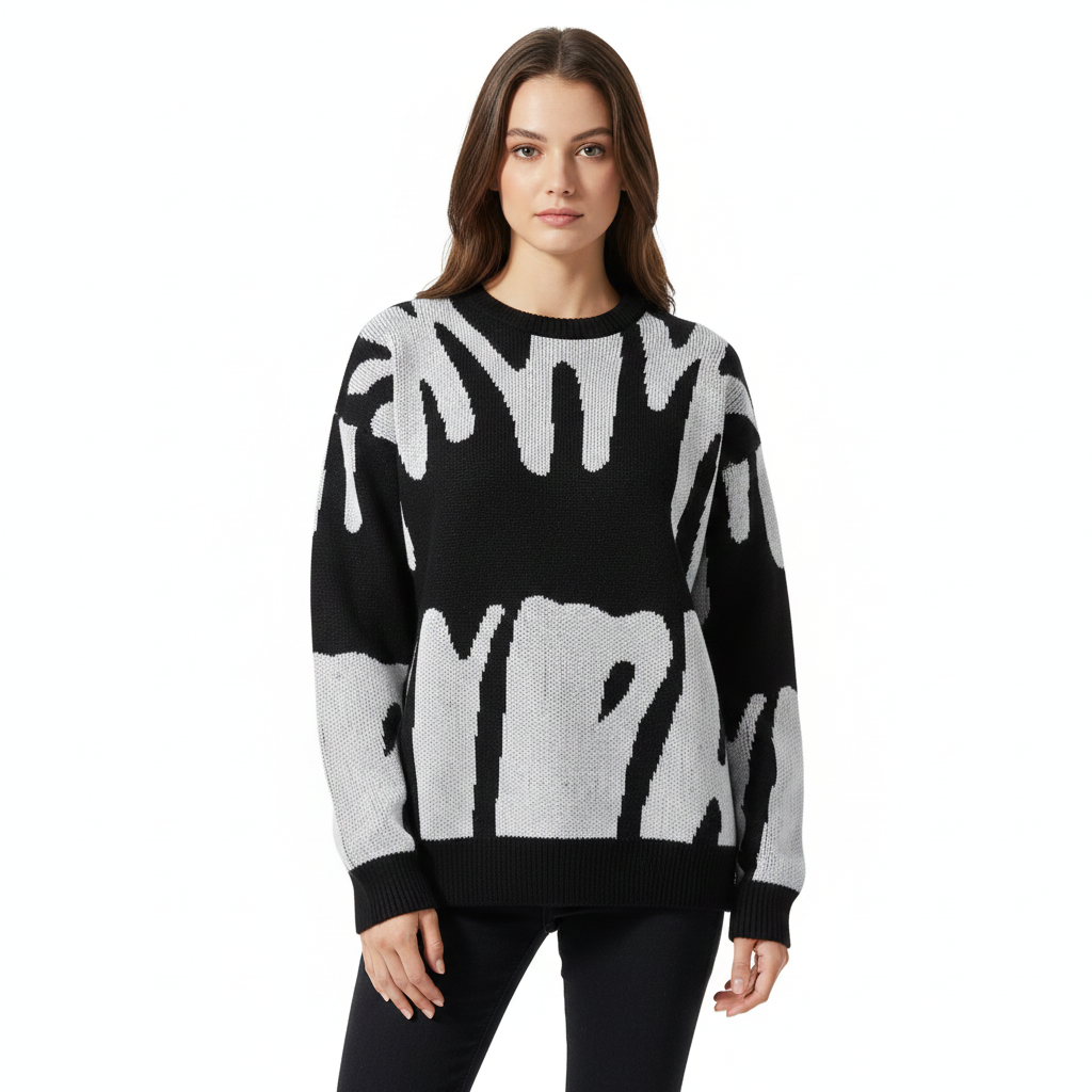 Women's Sweater with Black and White Abstract Pattern