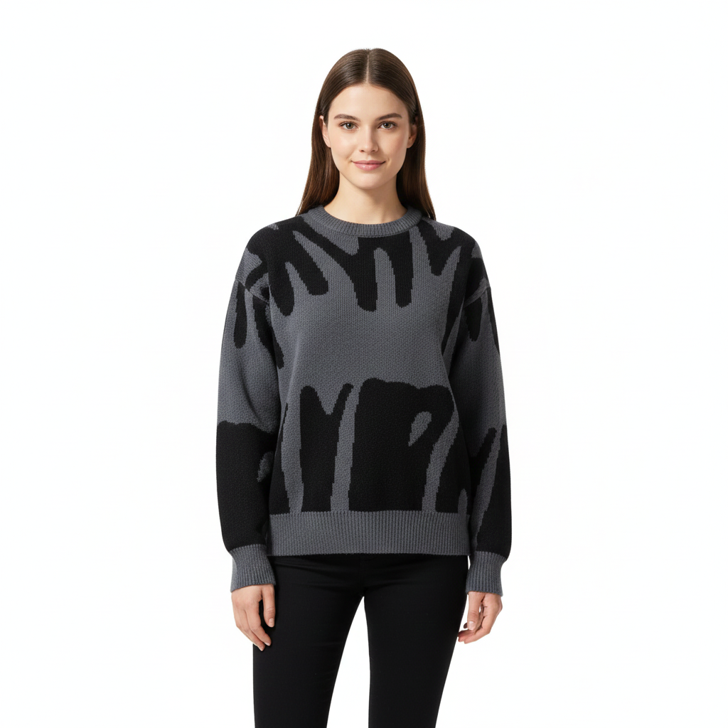 Women's Sweater with Black and White Abstract Pattern