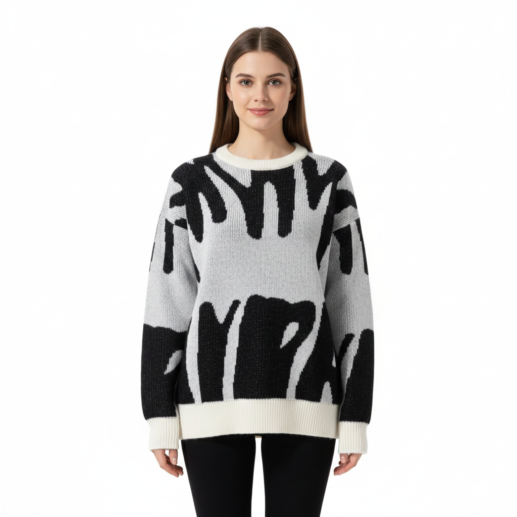 Women's Sweater with Black and White Abstract Pattern