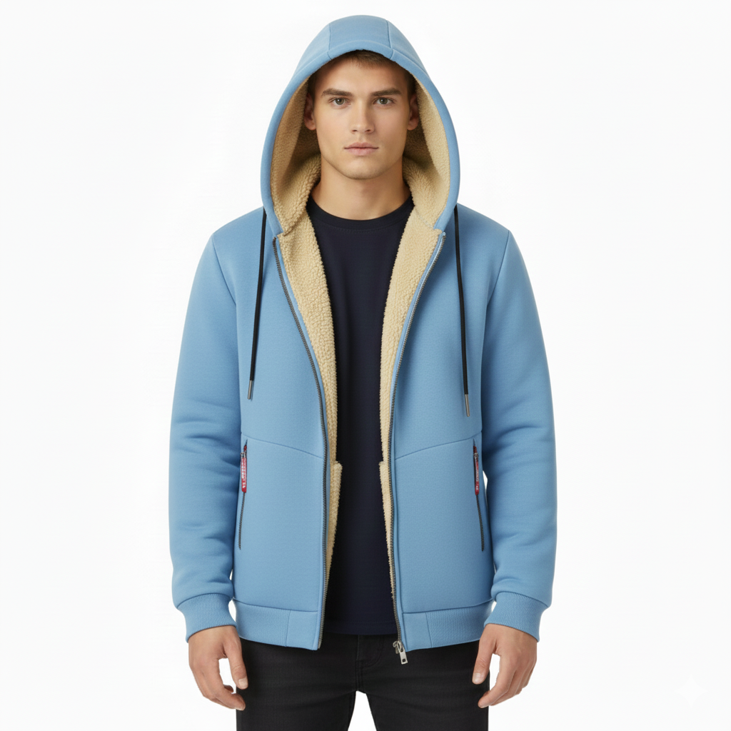 Men's Winter Jacket with Integrated Hood and Zip Closure