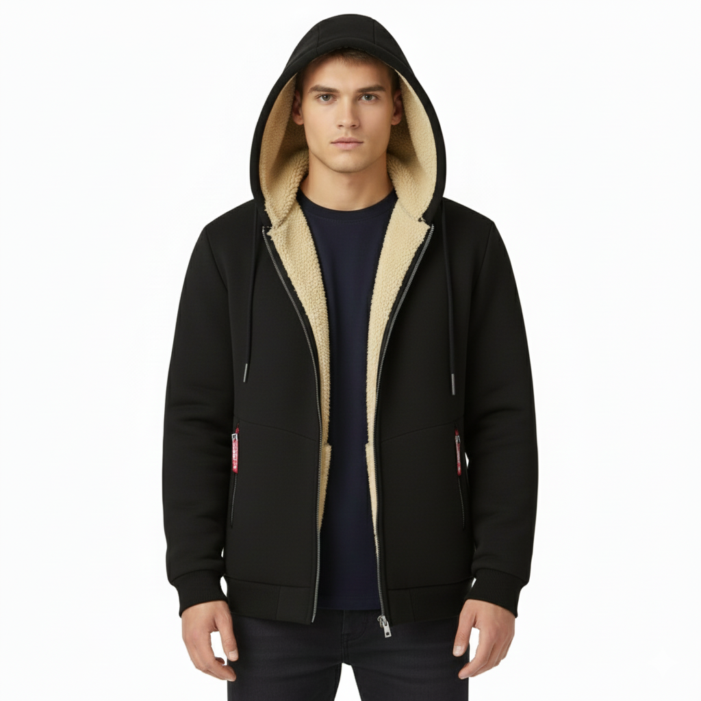 Men's Winter Jacket with Integrated Hood and Zip Closure