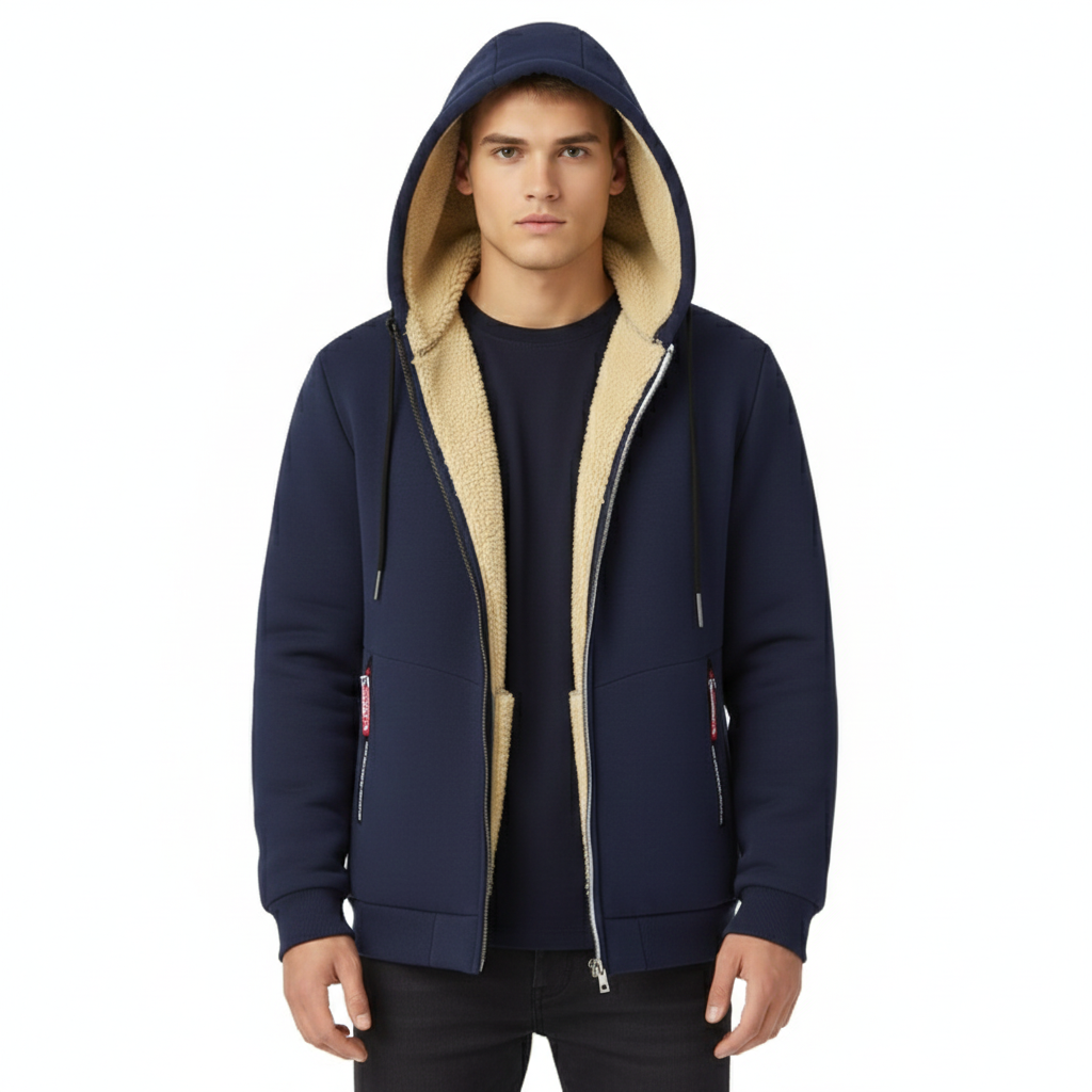 Men's Winter Jacket with Integrated Hood and Zip Closure