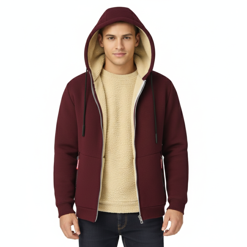 Men's Winter Jacket with Integrated Hood and Zip Closure