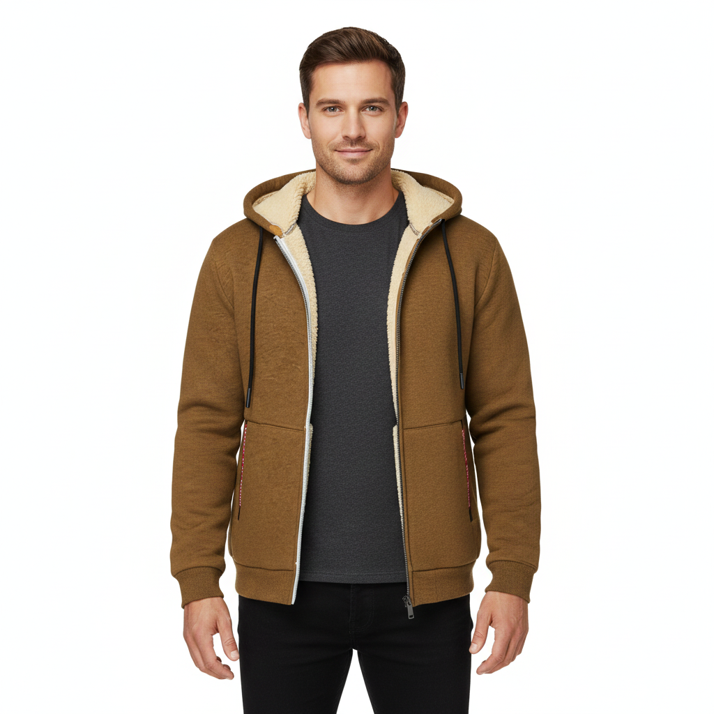 Men's Winter Jacket with Integrated Hood and Zip Closure