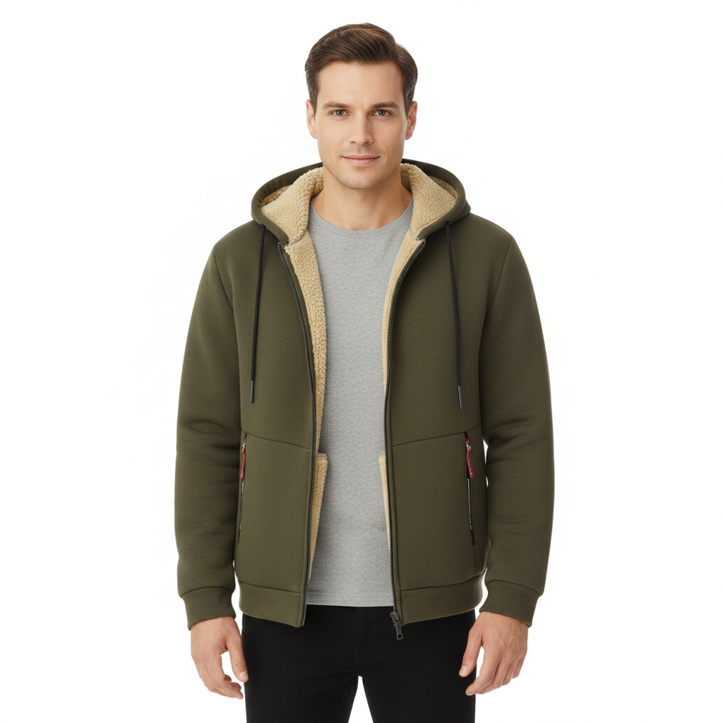 Men's Winter Jacket with Integrated Hood and Zip Closure
