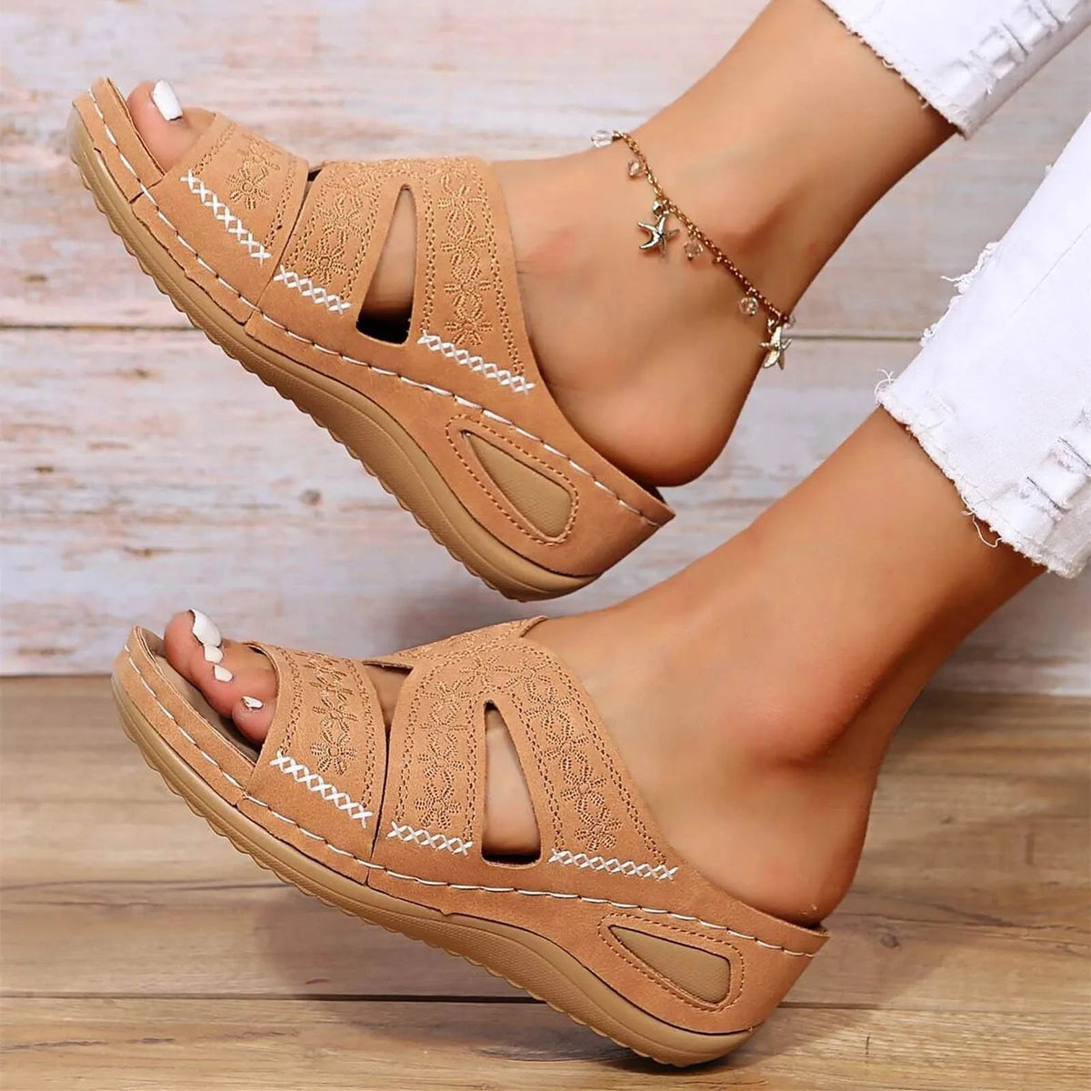 Adeline Women's Embroidered Cross Strap Buckle Sandals, view 1