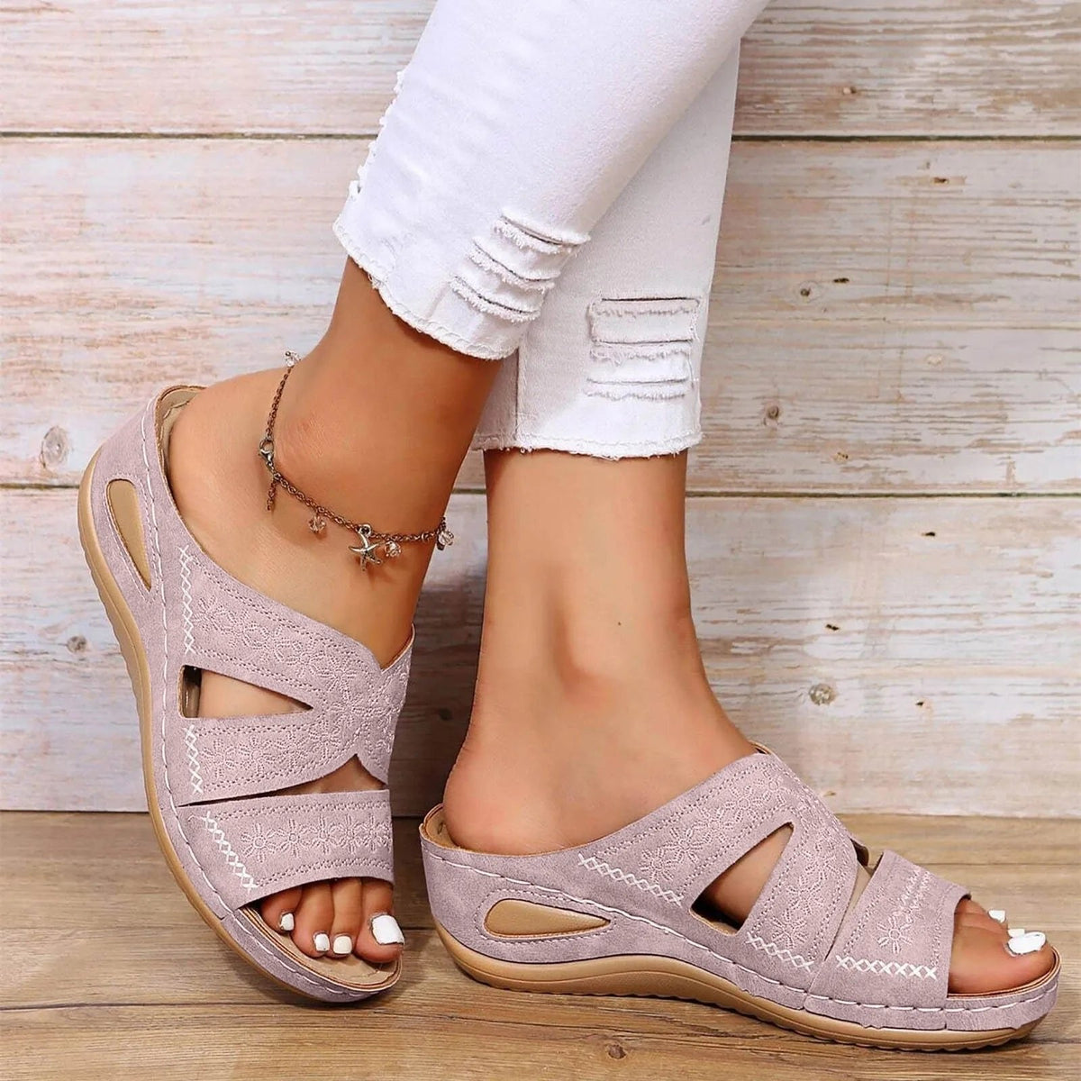 Adeline Women's Embroidered Cross Strap Buckle Sandals, view 8