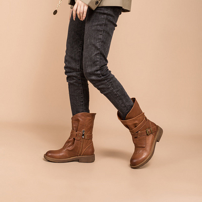Beth Women's Buckle Leather Mid Calf Boots, view 6