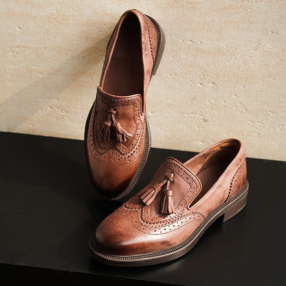 Sophie Women's Vintage Brogue Tassel Block Heel Loafers, view 3