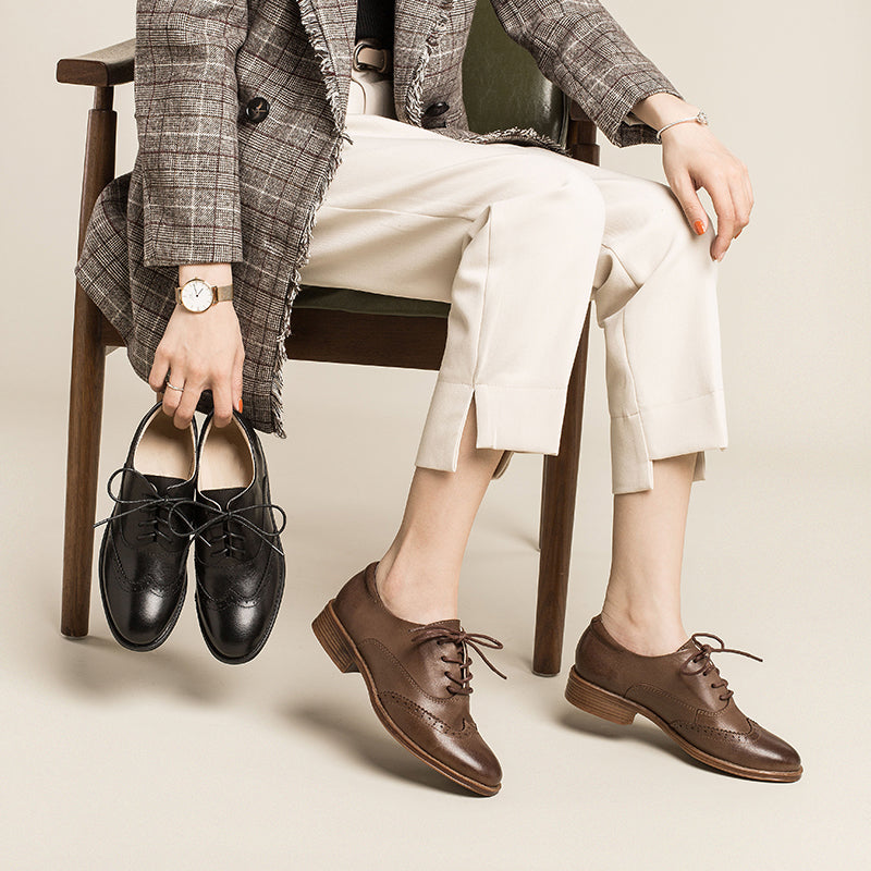 Amelia Women's Sheepskin Low Heel Brogue Oxford Shoes, view 1
