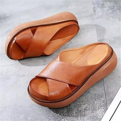 Pearl Women's Leather Cross Strap Flat Sandals, view 3