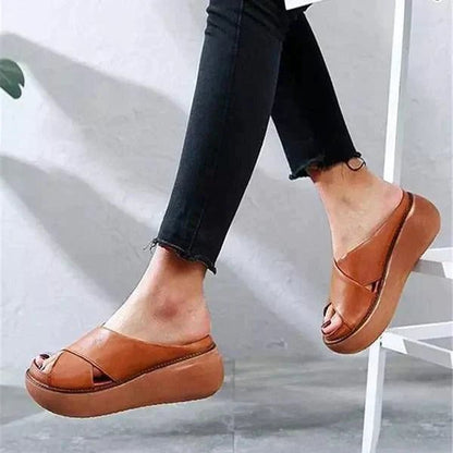 Pearl Women's Leather Cross Strap Flat Sandals, view 4