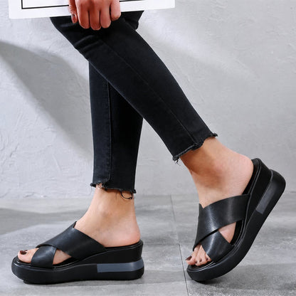 Pearl Women's Leather Cross Strap Flat Sandals, view 6