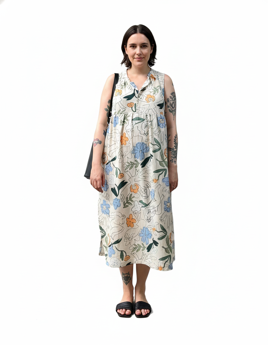 Women's Summer Dress with White Linen Fabric