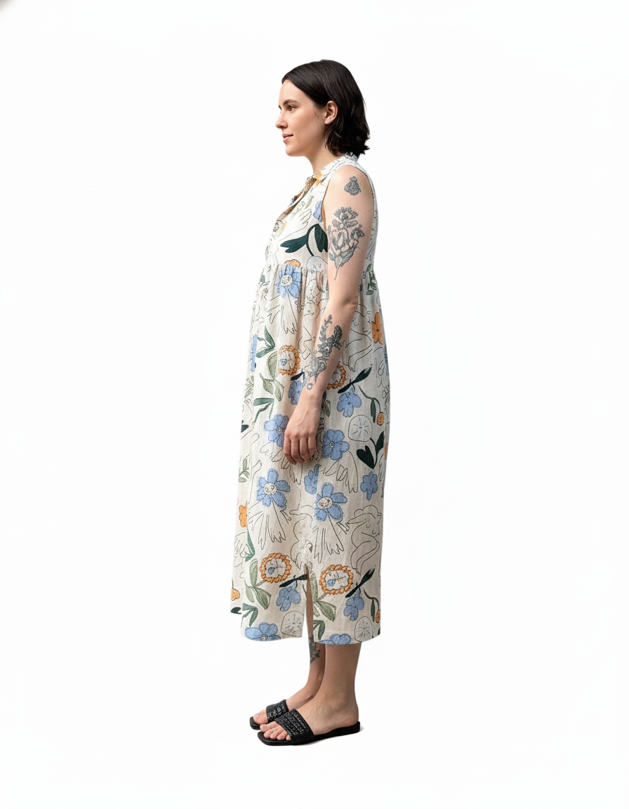 Women's Summer Dress with White Linen Fabric