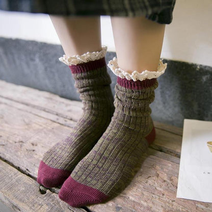 Gwen Women's Lace Cuff Calf Length Cotton Socks, view 3