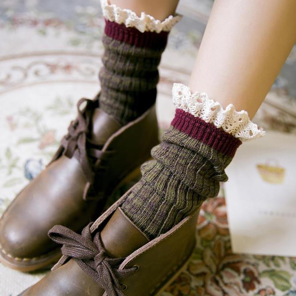 Gwen Women's Lace Cuff Calf Length Cotton Socks, view 5