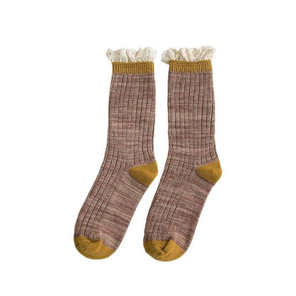 Gwen Women's Lace Cuff Calf Length Cotton Socks, view 1