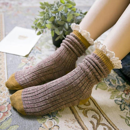 Gwen Women's Lace Cuff Calf Length Cotton Socks, view 2