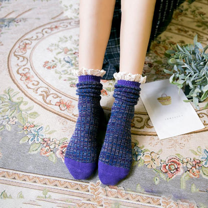 Gwen Women's Lace Cuff Calf Length Cotton Socks, view 6