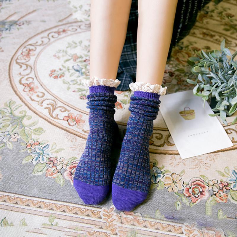 Gwen Women's Lace Cuff Calf Length Cotton Socks, view 6