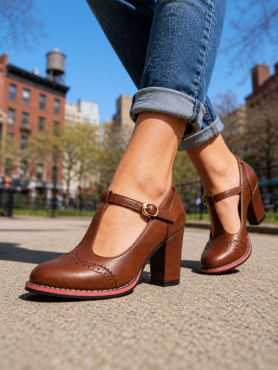 Poppy Women's Brogue T Bar Block Heel Leather Look Shoes, view 2