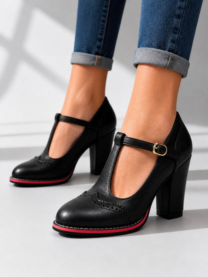 Poppy Women's Brogue T Bar Block Heel Leather Look Shoes, view 4