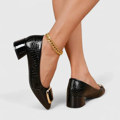 Blythe Women's Crocodile Embossed Chain Detail Block Heel Loafers, view 4