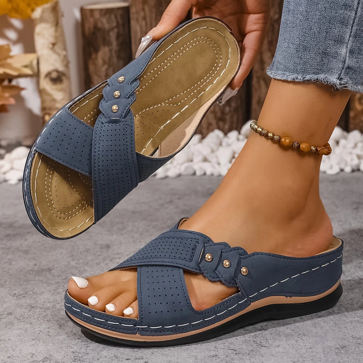 Cleo Women's Cross Strap Perforated Wedge Sandals, view 2