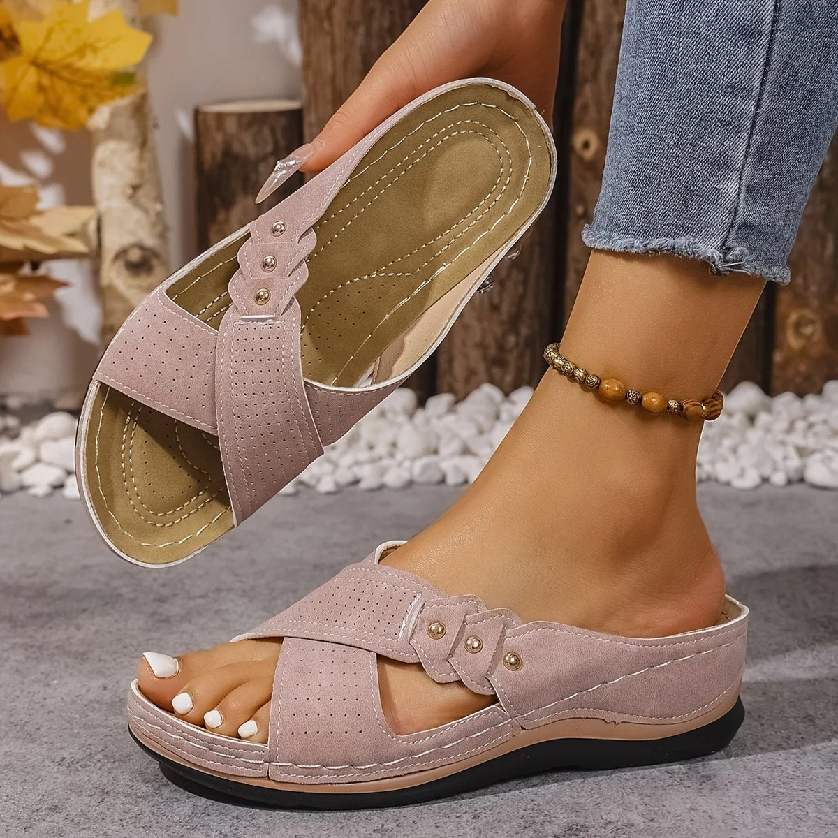 Cleo Women's Cross Strap Perforated Wedge Sandals, view 5