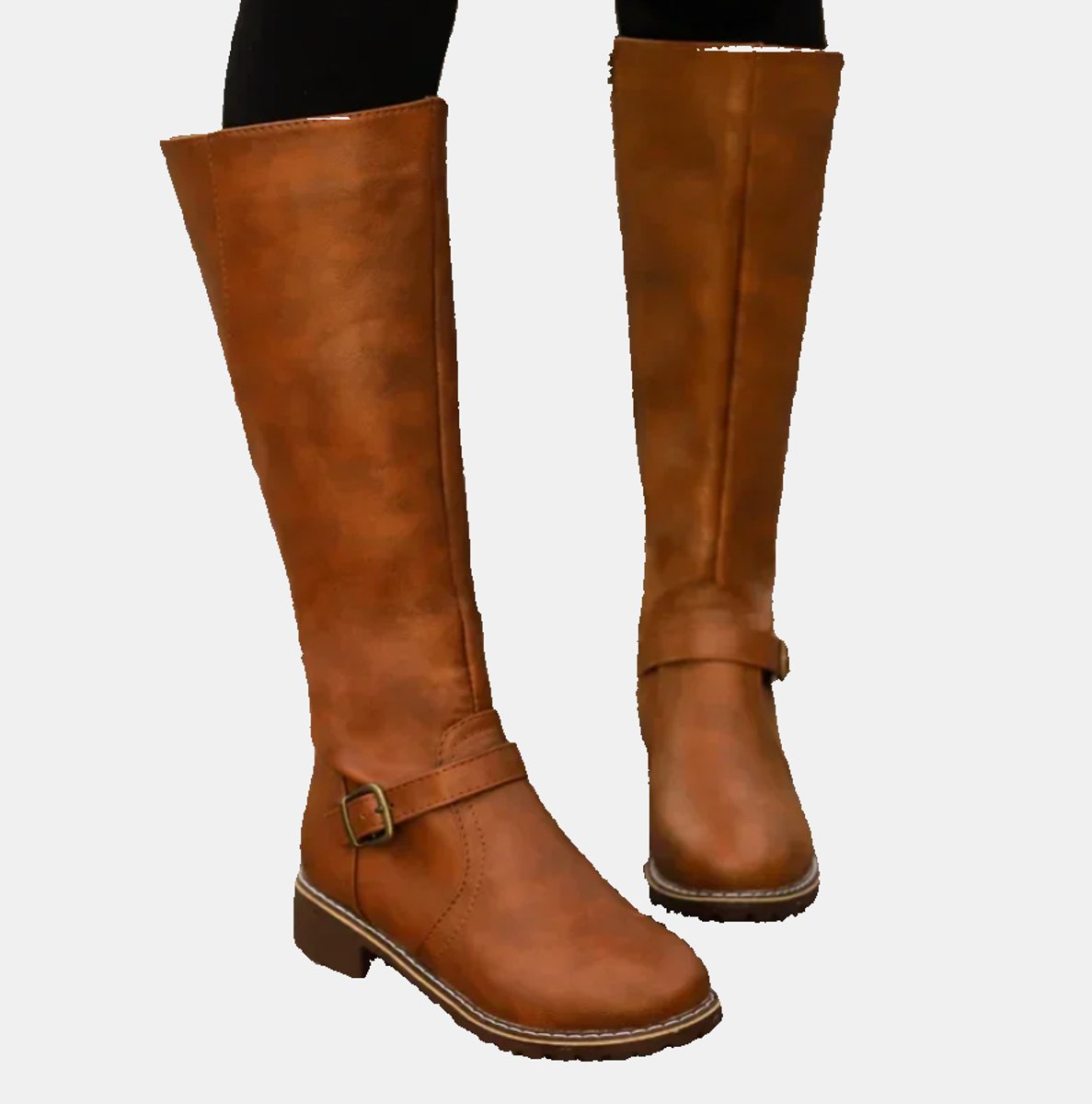 Nora Women's Faux Leather Buckle Low Block Heel Knee High Boots, view 2