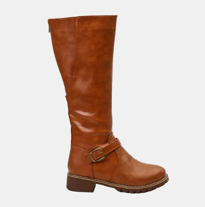 Nora Women's Faux Leather Buckle Low Block Heel Knee High Boots, view 1