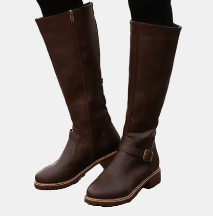 Nora Women's Faux Leather Buckle Low Block Heel Knee High Boots, view 3