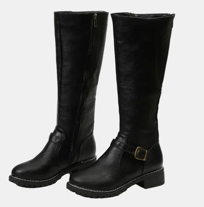 Nora Women's Faux Leather Buckle Low Block Heel Knee High Boots, view 4